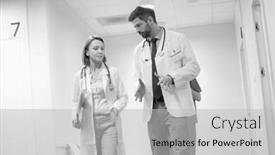  Presentation with medical procedures - Slide deck enhanced with black and white photo of doctors discussing over medical procedures at desk in hospital background and a light gray colored foreground