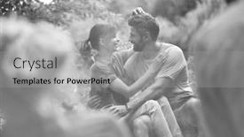  Presentation with public - Beautiful PPT theme featuring black and white photo of romantic couple sitting at public park backdrop and a light gray colored foreground