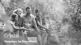  Presentation with black family - Presentation design enhanced with black and white photo of happy family roasting sausages over campfire at park background and a gray colored foreground