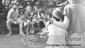  Presentation with camping - Beautiful PPT theme featuring black and white photo of mother sitting with arm around daughter while camping at par backdrop and a light gray colored foreground