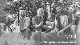  Presentation with black family - Amazing presentation design having black and white photo of happy family with male friend roasting sausages over campfire at park backdrop and a gray colored foreground