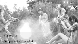  Presentation with guns - PPT layouts featuring black and white photo of couples playing water guns in per at lakeshore background and a light gray colored foreground