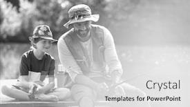  Presentation with black father - Cool new slide deck with black and white photo of father and son catching fish in pier at lakeshore backdrop and a light gray colored foreground