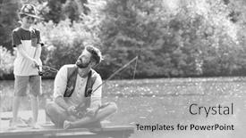  Presentation with black father - Presentation design consisting of black and white photo of father and son catching fish in pier at lakeshore background and a light gray colored foreground