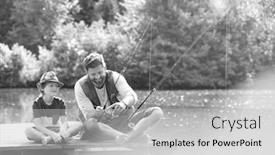  Presentation with black father - Beautiful PPT theme featuring black and white photo of father and son catching fish in pier at lakeshore backdrop and a light gray colored foreground