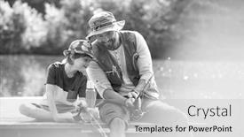  Presentation with black father - Slide set with black and white photo of father and son catching fish in pier at lakeshore background and a light gray colored foreground