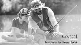  Presentation with black father - Colorful presentation design enhanced with black and white photo of father and son catching fish in pier at lakeshore backdrop and a light gray colored foreground