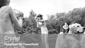  Presentation with guns - Slide deck enhanced with black and white photo of young girl playing squirt guns with her brother on pier during summer background and a gray colored foreground