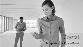  Presentation with estate - Amazing presentation theme having black and white photo of an attractive real estate agent client man and business woman standing together in an open plan empty office backdrop and a light gray colored foreground