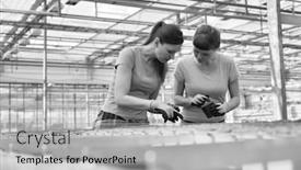  Presentation with black female - Cool new PPT theme with black and white photo of female botanists examining over seedlings in greenhouse backdrop and a light gray colored foreground