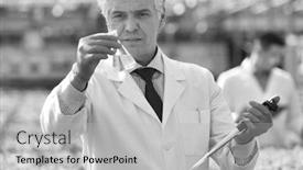  Presentation with nursery plant - Amazing slide set having black and white photo of mature male biochemist holding chemical in test tube with pipette in plant nursery backdrop and a light gray colored foreground