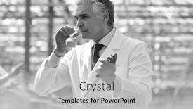  Presentation with nursery plant - Colorful presentation design enhanced with black and white photo of mature male biochemist smelling chemical in test tube with pipette in plant nursery backdrop and a light gray colored foreground