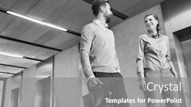  Presentation with elevator - Audience pleasing presentation design consisting of black and white photo of business people walking against elevator in office building backdrop and a gray colored foreground