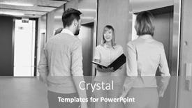  Presentation with elevator - Colorful PPT theme enhanced with black and white photo of business people discussing over document while waiting for elevator backdrop and a gray colored foreground