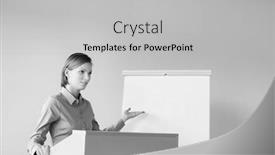  Presentation with speaker - Audience pleasing presentation consisting of black and white photo of young business speaker standing in meeting room backdrop and a light gray colored foreground