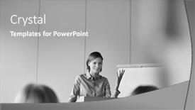 Presentation with speaker - Amazing presentation theme having black and white photo of young business speaker standing in meeting room backdrop and a gray colored foreground