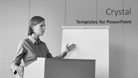  Presentation with speaker - PPT theme consisting of black and white photo of young business speaker standing in meeting room background and a light gray colored foreground