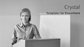  Presentation with speaker - Presentation theme enhanced with black and white photo of young business speaker standing in conference room background and a light gray colored foreground