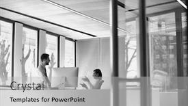  Presentation with receptionist - Slide set having black and white photo of businessman sitting on table while talking to receptionist during break in office background and a light gray colored foreground