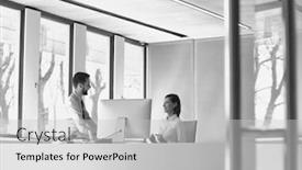  Presentation with receptionist - Presentation consisting of black and white photo of businessman sitting on table while talking to receptionist during break in office background and a light gray colored foreground