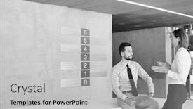  Presentation with receptionist - Colorful presentation enhanced with black and white photo of businessman sitting on table while talking to receptionist during break in office backdrop and a light gray colored foreground