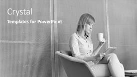  Presentation with black tea - Audience pleasing presentation design consisting of black and white photo of businesswoman using digital tablet while waiting and drinking coffee or tea in office lobby backdrop and a gray colored foreground