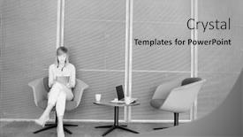  Presentation with black tea - Presentation theme featuring black and white photo of businesswoman using digital tablet while waiting and drinking coffee or tea in office lobby background and a light gray colored foreground