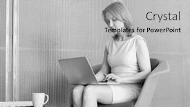  Presentation with lobby - Presentation consisting of black and white photo of mature businesswoman working while waiting and sitting in office lobby background and a light gray colored foreground
