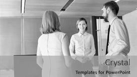  Presentation with receptionist - Colorful presentation theme enhanced with black and white photo of business people waiting while talking to receptionist in office lobby backdrop and a light gray colored foreground