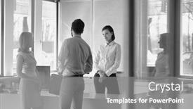  Presentation with receptionist - Slide set having black and white photo of business people waiting while talking to receptionist in office lobby background and a gray colored foreground
