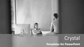  Presentation with receptionist - Colorful presentation enhanced with black and white photo of businessman sitting on table while talking to receptionist during break backdrop and a gray colored foreground