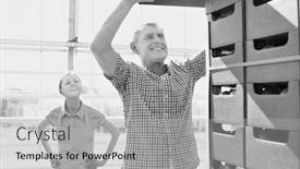  Presentation with black female - Slides consisting of black and white photo of senior farmer arranging tomatoes in crate with young female farmer background and a light gray colored foreground