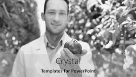  Presentation with crop - Presentation consisting of black and white photo of male crop scientist showing tomato in greenhouse background and a light gray colored foreground