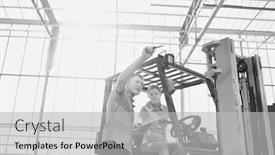  Presentation with forklift - Slide set consisting of black and white photo of senior supervisor instructing young female farmer driving forklift in greenhouse background and a light gray colored foreground