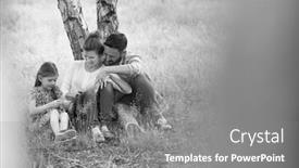  Presentation with black white tree - Cool new slide set with black and white photo of lovely family sitting under the tree while having picnic backdrop and a gray colored foreground