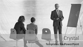  Presentation with strategy - Cool new slide deck with black and white photo of senior businessman explaining strategy to colleagues on whiteboard at office backdrop and a light gray colored foreground