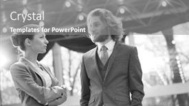  Presentation with entrepreneur - PPT theme enhanced with black and white photo of young entrepreneur discussing with colleague while standing at office background and a gray colored foreground