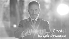  Presentation with cables - Cool new PPT theme with black and white photo of confident businessman attaching red cables backdrop and a gray colored foreground