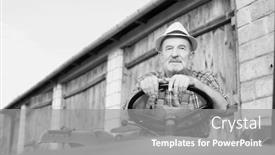  Presentation with tractor - Presentation design with black and white photo of senior farmer driving tractor in farm background and a gray colored foreground