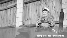  Presentation with tractor - Presentation theme featuring black and white photo of senior farmer driving tractor in farm background and a gray colored foreground