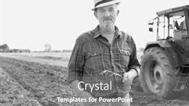  Presentation with tractor - Presentation enhanced with black and white photo of senior farmer standing against tractor in field background and a gray colored foreground
