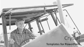  Presentation with tractor - Presentation theme consisting of black and white photo of mature farmer driving tractor in field background and a light gray colored foreground