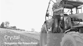  Presentation with tractor - Beautiful presentation design featuring black and white photo of mature farmer standing in tractor at field backdrop and a gray colored foreground