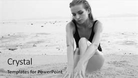  Presentation with black sea - PPT theme enhanced with black and white photo of elegant blonde pretty woman with wet look wearing black swimsuit sitting on the sandy beach near the sea over sky background background and a light gray colored foreground