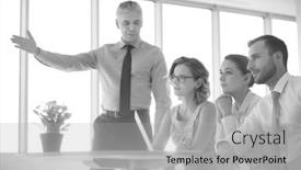  Presentation with meeting table - Cool new PPT theme with black and white photograph business colleagues discussing at table in new office during meeting backdrop and a light gray colored foreground