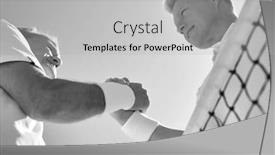  Presentation with black men - Colorful presentation design enhanced with black and white photograph of two men shaking hands while standing by tennis net against clear sky on sunny day backdrop and a light gray colored foreground