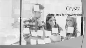  Presentation with strategies - Presentation design consisting of black and white photograph of creative business colleagues discussing over strategies on adhesive notes background and a light gray colored foreground