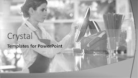  Presentation with photograph - Audience pleasing presentation design consisting of black and white photograph of a waitress using a touch screen tablet processing orders or the bill in a restaurant backdrop and a light gray colored foreground