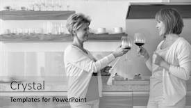  Presentation with women photos - Amazing presentation theme having black and white photos of a smiling mature women holding wineglasses while standing in kitchen backdrop and a light gray colored foreground