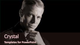  Presentation with award in black and white - Beautiful slide deck featuring black and white portrait of young charming man in dark shirt with hand at chin looking straight low-key isolated on black background backdrop and a wine colored foreground